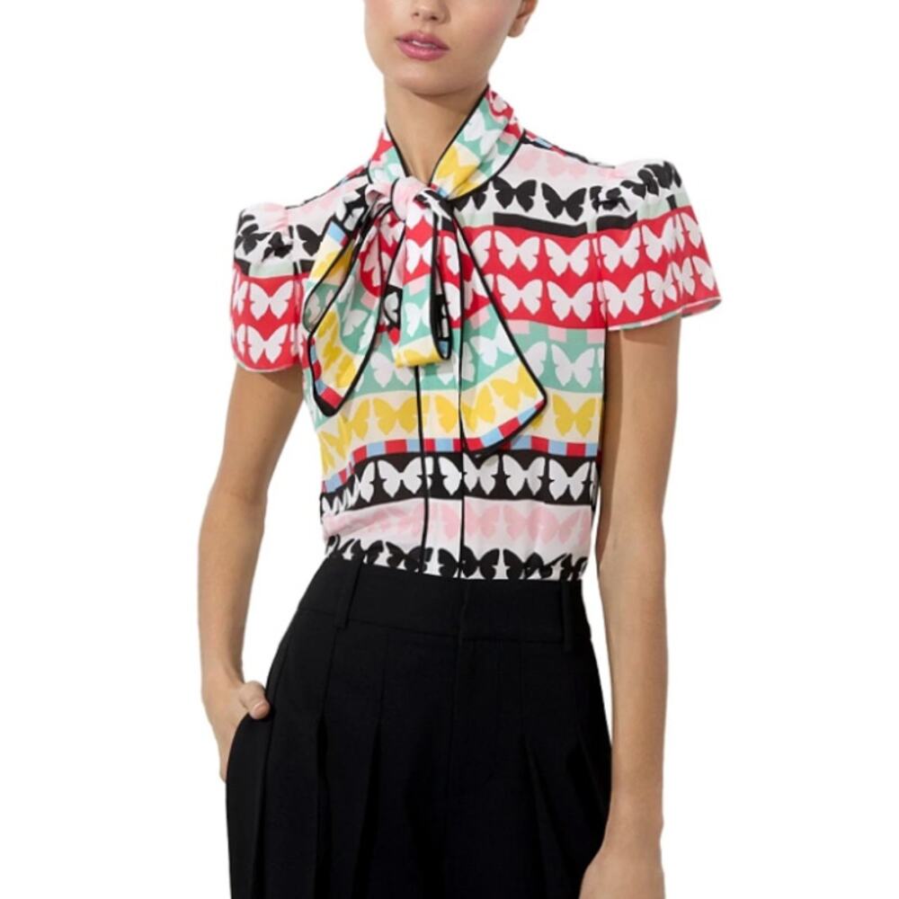 Alice and Olivia Jeannie Butterfly Print Piped Bow Silk Top size S small - Picture 5 of 6